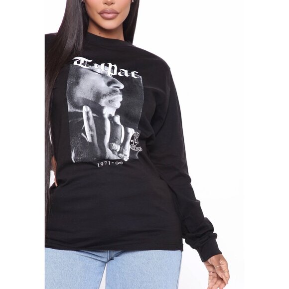 Fashion Nova ✦ His Legacy Tupac Long Sleeve Top ✦ Black Graphic Crew Neck Cotton - Picture 1 of 3